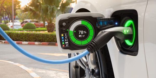 Electric vehicle changing on street parking with graphical user interface, Future EV car concept